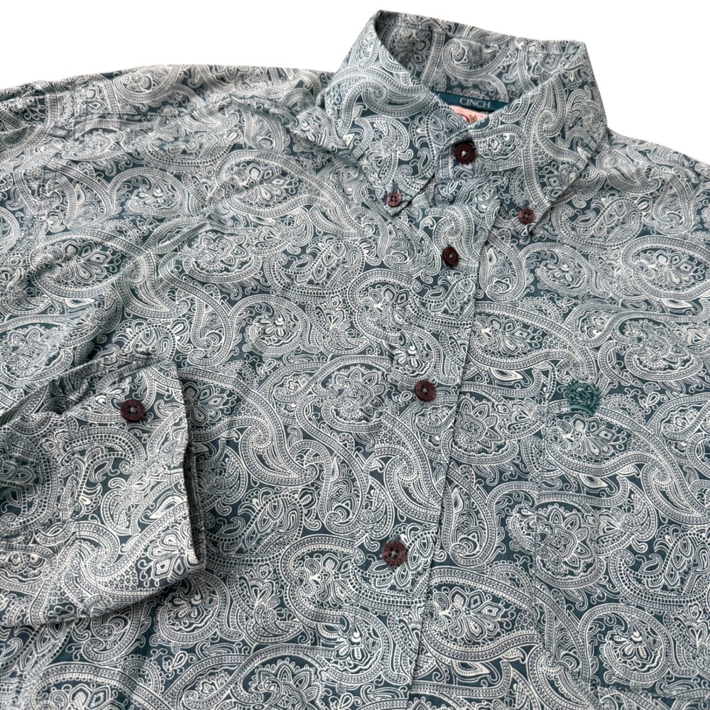 Cinch Mens Teal Paisley Long Sleeve Button Down Western Shirt Small Cotton